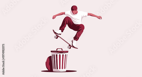 Dynamic Skateboarder Performs Trick Over Trash Can Minimalist Art