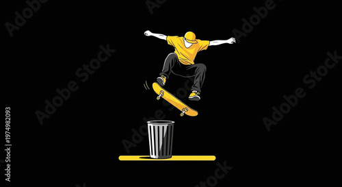 Dynamic Skateboarder Soaring Over A Bin A Bold Graphic Illustration