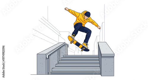 Dynamic Skateboarder Jumps Down City Stairs Mid-Air Action