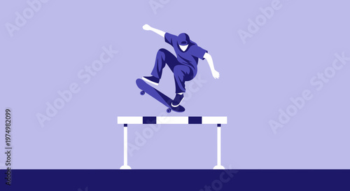 Dynamic Skateboarder Soaring Over Hurdle in Vibrant Flat Illustration