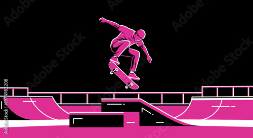 Dynamic Skateboarder Mid-Air Trick Over Pink Skate Park Ramp