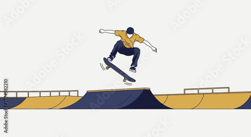 Dynamic Skateboarder Mid-Air Trick Over Skatepark Ramp