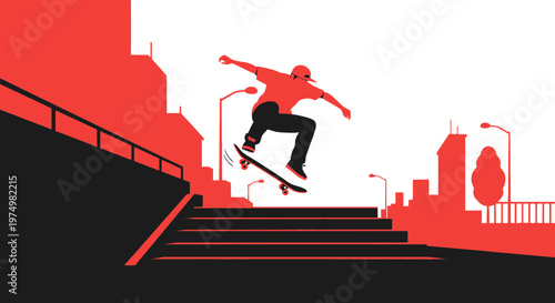 Dynamic Skateboarder Mid-Air Jump Over Stairs Against City Silhouette