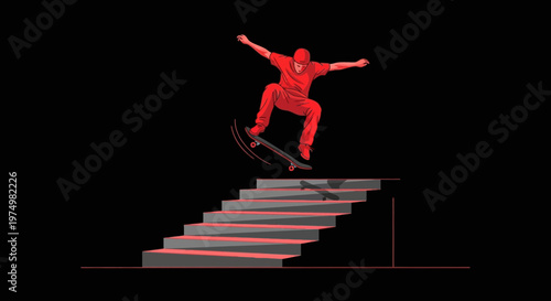 Dynamic Skater Jumps Stairs With Bold Red Monochromatic Style