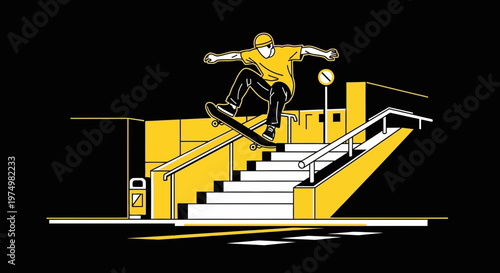Dynamic Skater Grinds Down Stair Railings With Bold Yellow Graphic Style