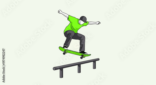 Dynamic Skater Grinds Rail with Energetic Flip Trick Perform