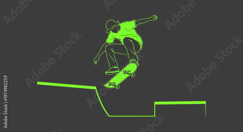 Dynamic Skater Performing A Mid Air Trick With Neon Outline On Grey