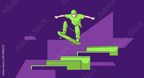 Dynamic Skater Performing Aerial Maneuver In Urban Skatepark Environment With Bright Green Accents