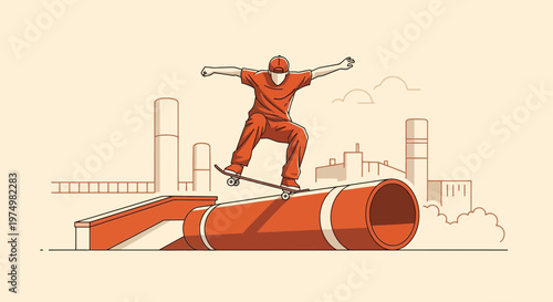 Dynamic Skateboarder Performing A Trick On A Pipe With Urban Skyline Background