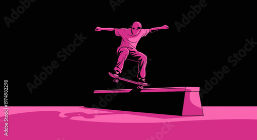 Dynamic Skateboarder Performing a Rail Grind in Striking Pink and Black Silhouette