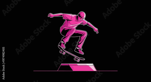 Dynamic Skateboarder Performing Aerial Trick Against Dark Background Vibrant Pink Artistic Style