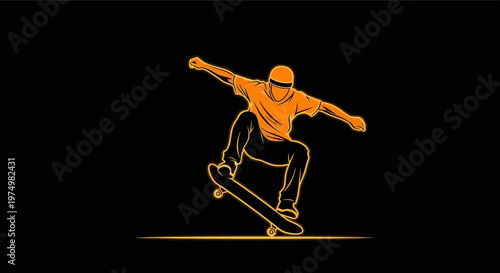 Dynamic Skateboarder Performing Aerial Trick Orange Outline Style