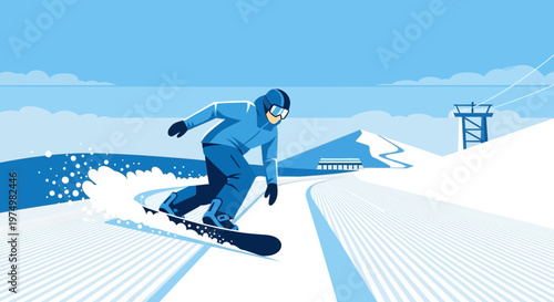 Dynamic Snowboarder Carving Down a Pristine Mountain Slope