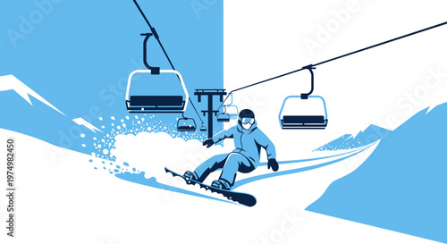 Dynamic Snowboarder Carving Down a Powdered Slope with Chairlift Overhead