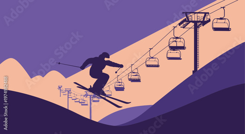 Dynamic Skier Descends Mountain Slope Amidst Ski Lift Chairs