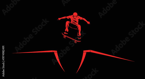 Dynamic Skateboarder Performing Aerial Trick Silhouette Red On Black Background