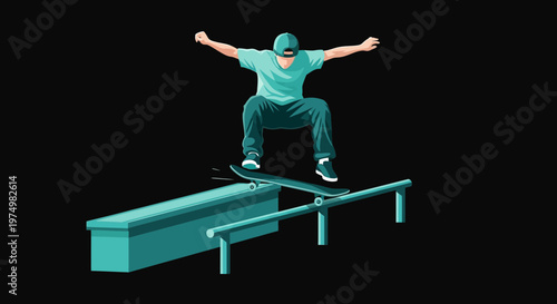 Dynamic Skateboarder Performing Grinding Trick On Rail In Minimalist Style