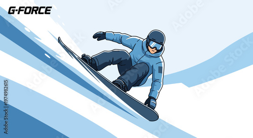 Dynamic Snowboarder Carving Down a Snowy Slope in Bold Blue Tones