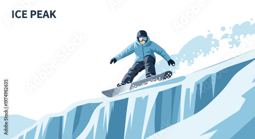 Dynamic Snowboarder Carving Down Ice Peak Slope