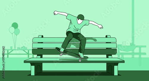 Dynamic Skateboarder Performing Trick On Park Bench With Balloons Nearby