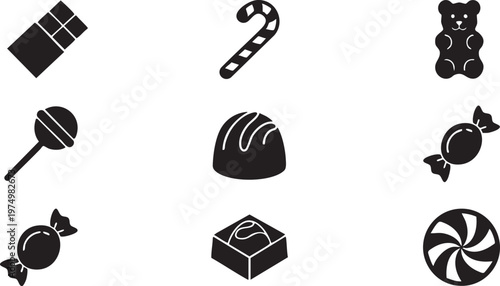 Delicious confectionery collection silhouettes of candies, chocolates, and sugary treats