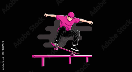 Dynamic Skateboarder Performing Trick On Rail Vibrant Pink Outfit On Black Background