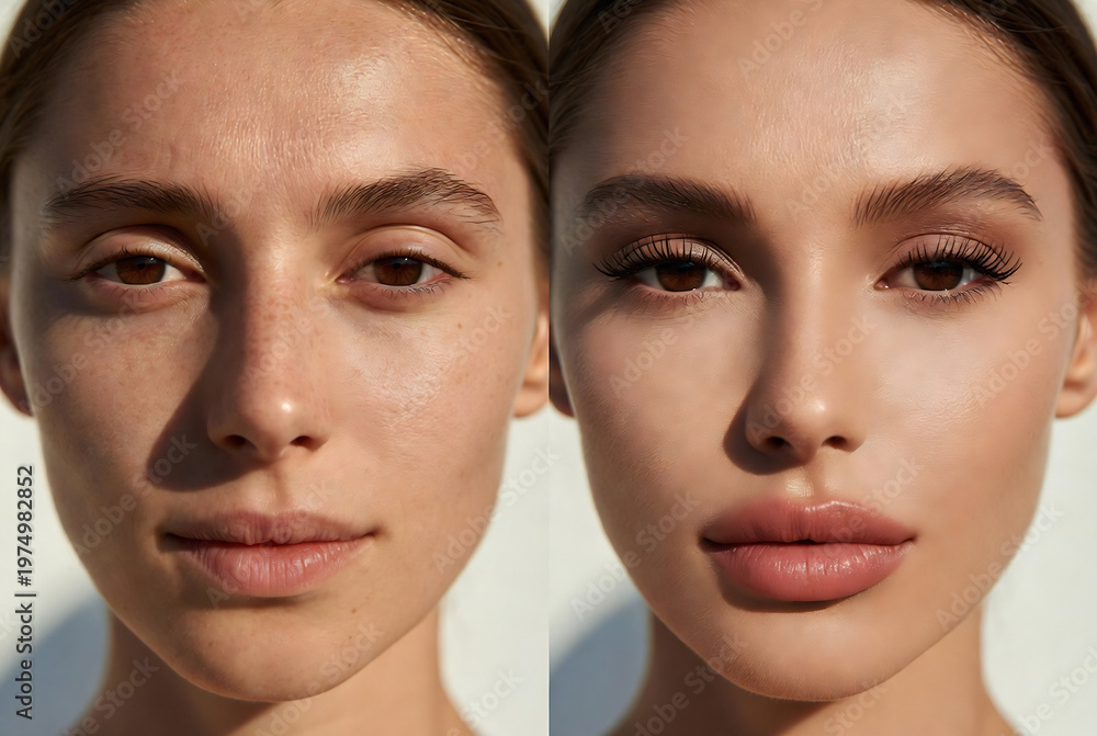 Fototapeta premium Two close-up images of a woman’s face, showcasing the difference between her natural skin and a makeup-enhanced version.