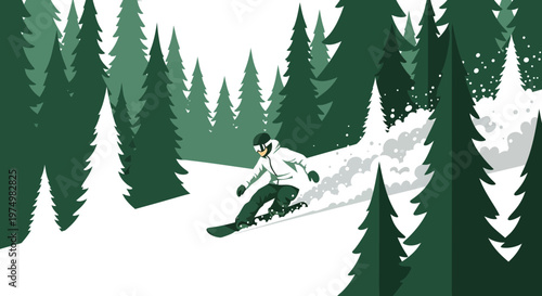 Dynamic Snowboarder Carving Through a Winter Forest Landscape