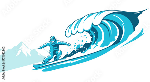 Dynamic Snowboarder Carving Through a Stylized Winter Wave