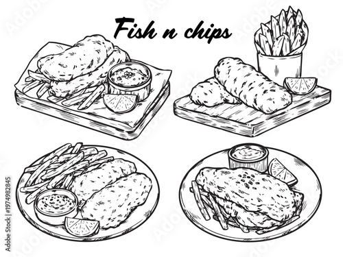 Set of hand drawn fish and chips recipe line art outline drawing illustration