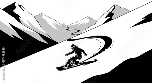 Dynamic Snowboarder Carving Through Majestic Mountain Landscape