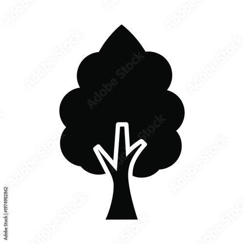 A stylized black silhouette of a tree with a simple trunk and branching limbs
