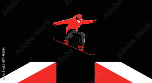 Dynamic Snowboarder Executes Mid-Air Jump Against Stark Black Background