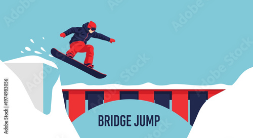 Dynamic Snowboarder Executes Thrilling Bridge Jump Against Clear Blue Sky