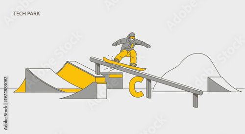 Dynamic Snowboarder Executes Trick On Urban Rail Park