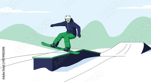 Dynamic Snowboarder Executes Trick On Winter Snow Park Ramp