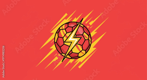 Dynamic Soccer Ball With Lightning Bolt Emblem On Bright Red Background