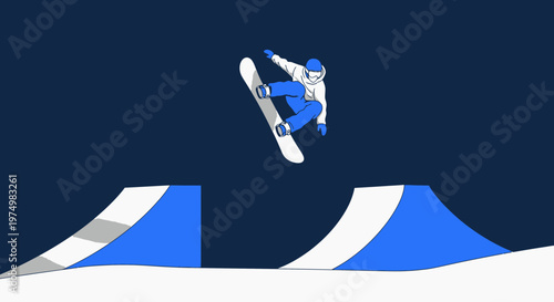 Dynamic Snowboarder Mid Air Jump Over Snow Ramps In Bold Blue And White Style