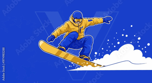 Dynamic Snowboarder Mid-Air Jump Action Graphic Illustration