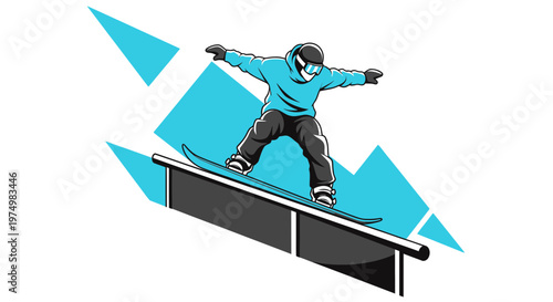 Dynamic Snowboarder Performing Rail Grind Mid Air With Bold Geometric Mountain Accents