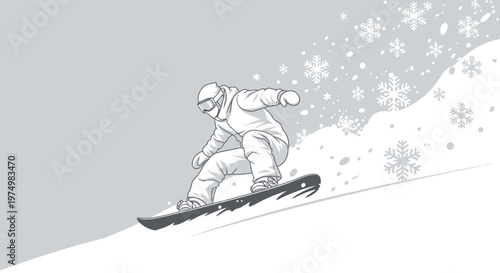 Dynamic Snowboarder Riding Downhill Amidst Falling Snowflakes