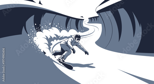 Dynamic Snowboarding Action Down Snowy Mountain Slope Illustration