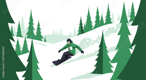 Dynamic Snowboarding Action Down Snowy Mountain Slopes