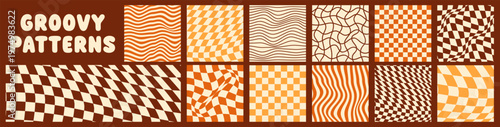 Groovy psychedelic checkerboard color patterns. Retro abstract aesthetic square prints.