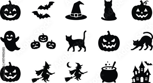 A set of black Halloween icons on white background including pumpkins, bats, cats, ghosts, witches, and haunted house for decoration and design
