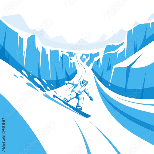 Dynamic Snowboarding Action Through Icy Mountain Gorges