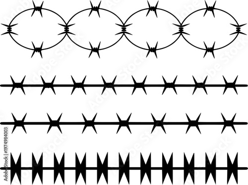 Collection of black barbed wire patterns a white background for security or boundary concepts