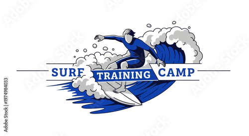 Dynamic Surf Training Camp Logo Design Action Packed Surfer Riding Wave