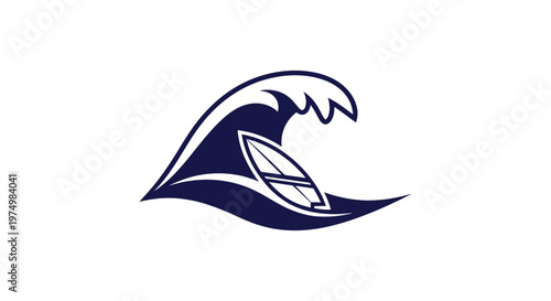 Dynamic Surfboard Emblem Amidst Stylized Ocean Wave Logo Design