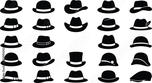 Black and white vector illustration of various hat designs and styles